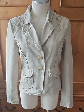 Sandro Ferrone Embroidered Distressed Blazer Tan Size 10